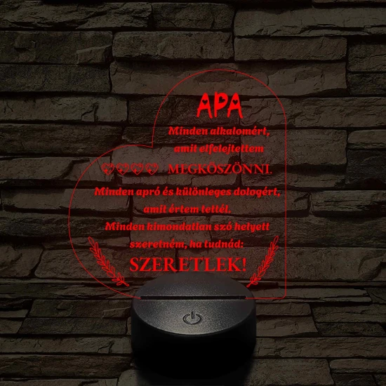 Szív Alakú 3D LED Lámpa – Megható Üzenettel Apáknak 7 színű 3D led lámpa