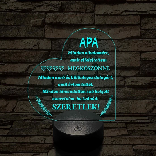 Szív Alakú 3D LED Lámpa – Megható Üzenettel Apáknak 7 színű 3D led lámpa