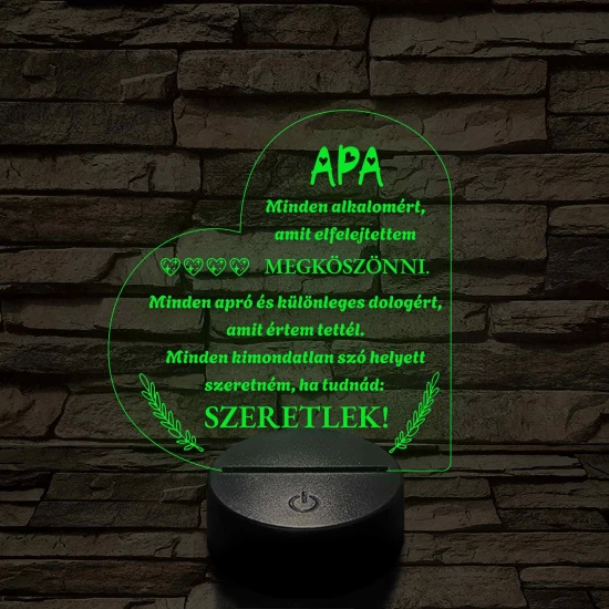 Szív Alakú 3D LED Lámpa – Megható Üzenettel Apáknak 7 színű 3D led lámpa