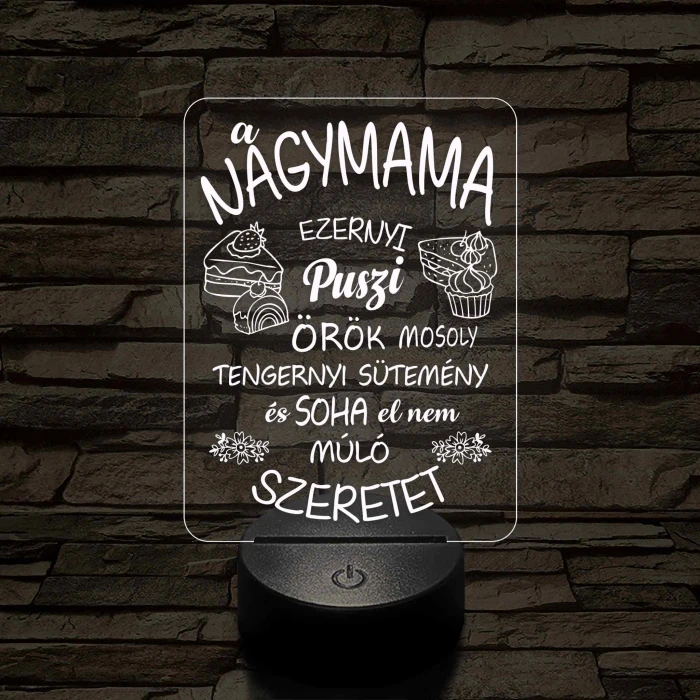 Nagymama – Szeretet, puszi és sütemény - 7 színű, színváltós 3D led lámpa