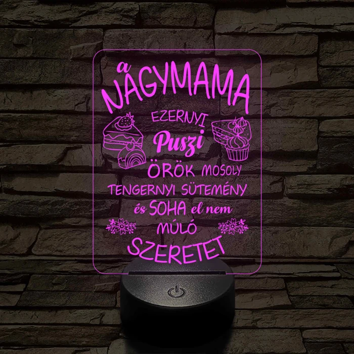 Nagymama – Szeretet, puszi és sütemény - 7 színű, színváltós 3D led lámpa