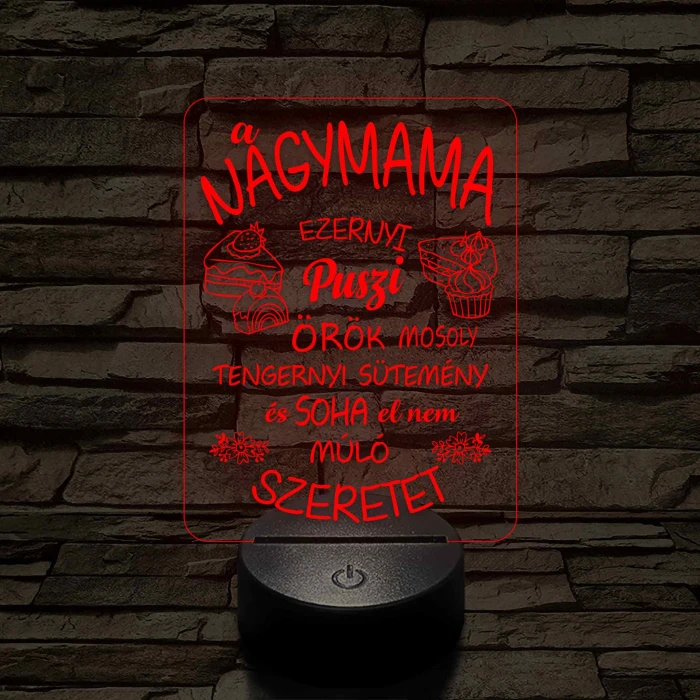 Nagymama – Szeretet, puszi és sütemény - 7 színű, színváltós 3D led lámpa