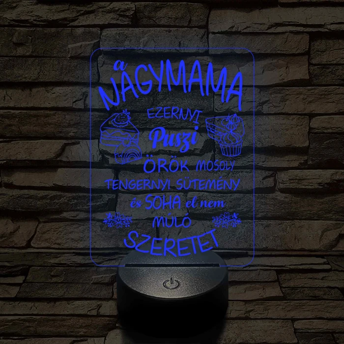 Nagymama – Szeretet, puszi és sütemény - 7 színű, színváltós 3D led lámpa