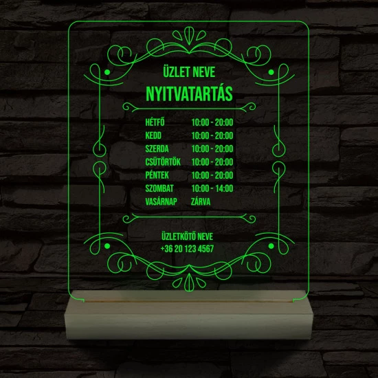 Nyitvatartás számokkal (Üzlet névvel) 20 cm fa talppal 7 színű 3D led lámpa
