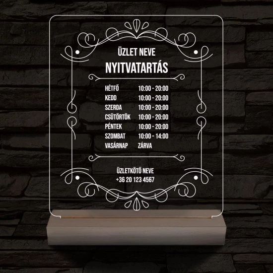 Nyitvatartás számokkal (Üzlet névvel) 20 cm fa talppal 7 színű 3D led lámpa