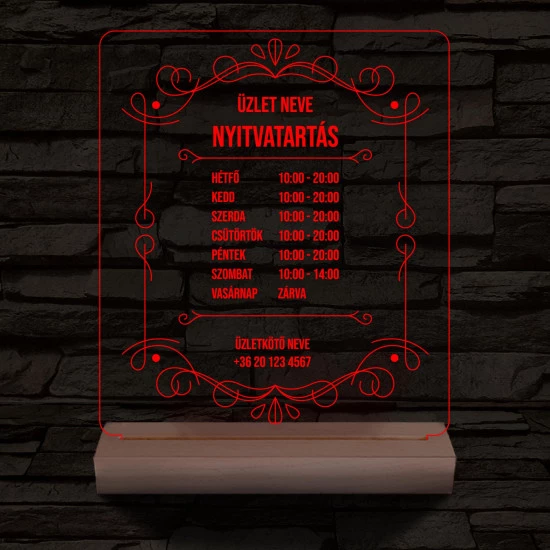 Nyitvatartás számokkal (Üzlet névvel) 20 cm fa talppal 7 színű 3D led lámpa