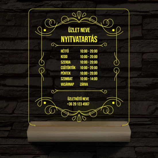 Nyitvatartás számokkal (Üzlet névvel) 20 cm fa talppal 7 színű 3D led lámpa
