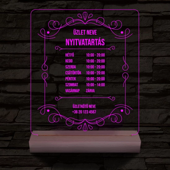 Nyitvatartás számokkal (Üzlet névvel) 20 cm fa talppal 7 színű 3D led lámpa
