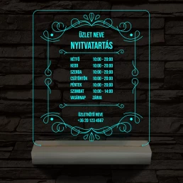 Nyitvatartás számokkal (Üzlet névvel) 20 cm fa talppal 7 színű 3D led lámpa