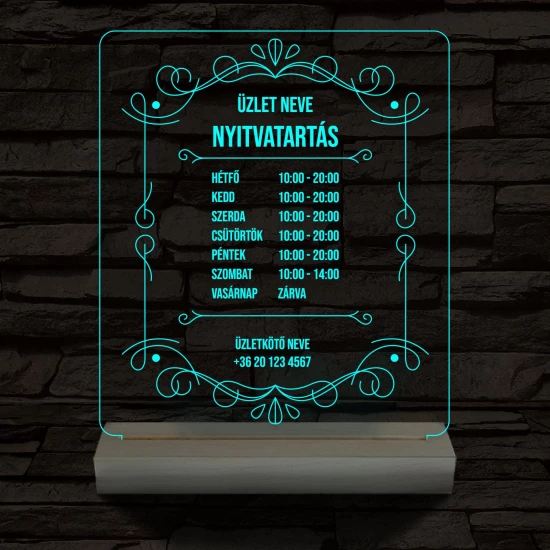 Nyitvatartás számokkal (Üzlet névvel) 20 cm fa talppal 7 színű 3D led lámpa