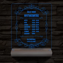 Nyitvatartás számokkal (Üzlet névvel) 20 cm fa talppal 7 színű 3D led lámpa