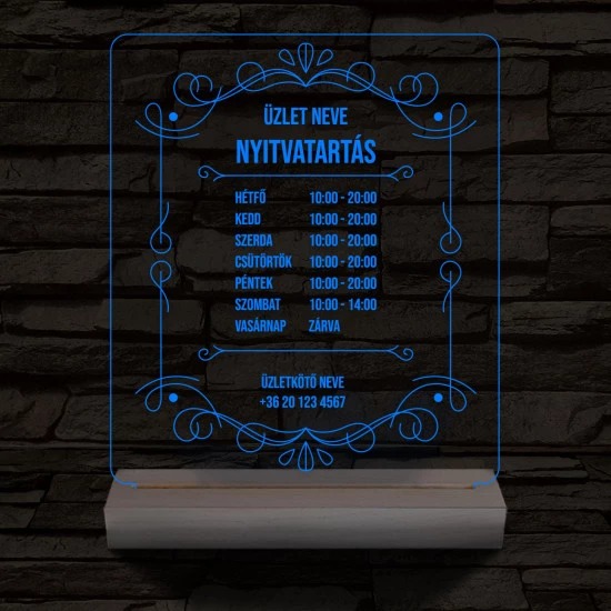 Nyitvatartás számokkal (Üzlet névvel) 20 cm fa talppal 7 színű 3D led lámpa