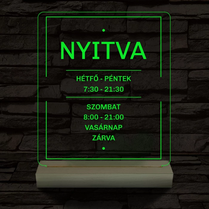 Nyitvatartás számokkal 20 cm fa talppal 7 színű 3D led lámpa
