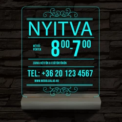 Nyitvatartás telefonszámmal 20 cm fa talppal 7 színű 3D led lámpa