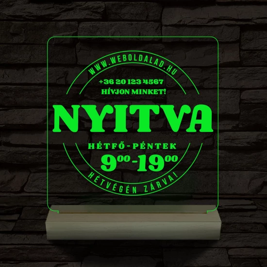 Nyitvatartás számokkal (weboldalcím+telefonszám) 20 cm fa talppal 7 színű 3D led lámpa