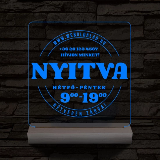 Nyitvatartás számokkal (weboldalcím+telefonszám) 20 cm fa talppal 7 színű 3D led lámpa