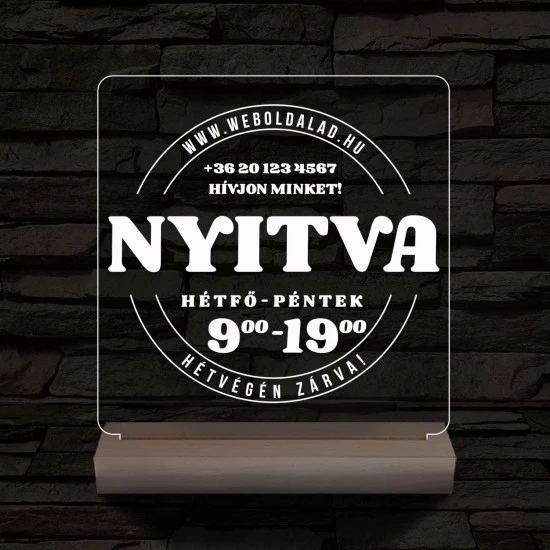 Nyitvatartás számokkal (weboldalcím+telefonszám) 20 cm fa talppal 7 színű 3D led lámpa