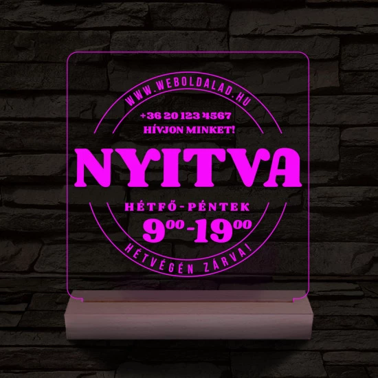Nyitvatartás számokkal (weboldalcím+telefonszám) 20 cm fa talppal 7 színű 3D led lámpa