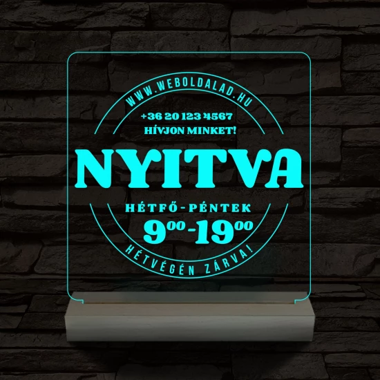 Nyitvatartás számokkal (weboldalcím+telefonszám) 20 cm fa talppal 7 színű 3D led lámpa