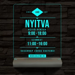 Nyitvatartás számokkal (weboldalcím+cég logó) 20 cm fa talppal 7 színű 3D led lámpa