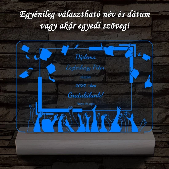 Kalapfeldobós diplomaosztó személyre szabott fa talppal 7 színű 3D led lámpa