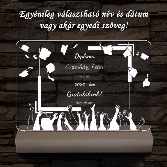 Kalapfeldobós diplomaosztó személyre szabott fa talppal 7 színű 3D led lámpa