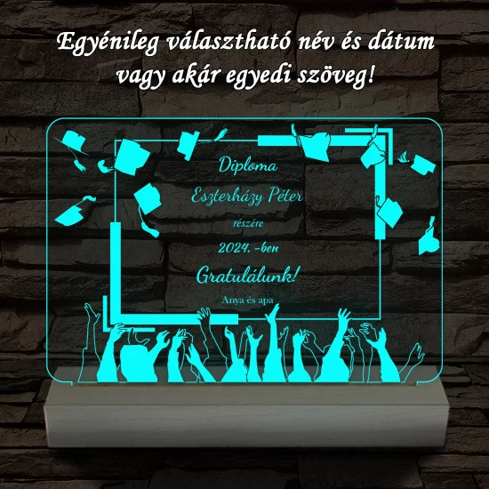 Kalapfeldobós diplomaosztó személyre szabott fa talppal 7 színű 3D led lámpa