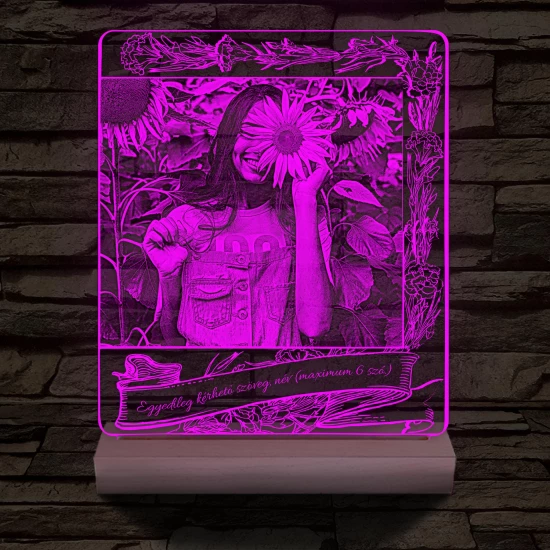 Egyedi fotógravírozás egyedi szöveggel, virágos kerettel fatalppal 7 színű 3D led lámpa