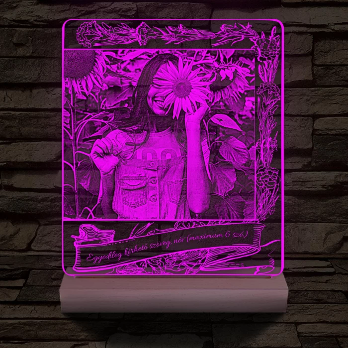 Egyedi fotógravírozás egyedi szöveggel, virágos kerettel fatalppal 7 színű 3D led lámpa