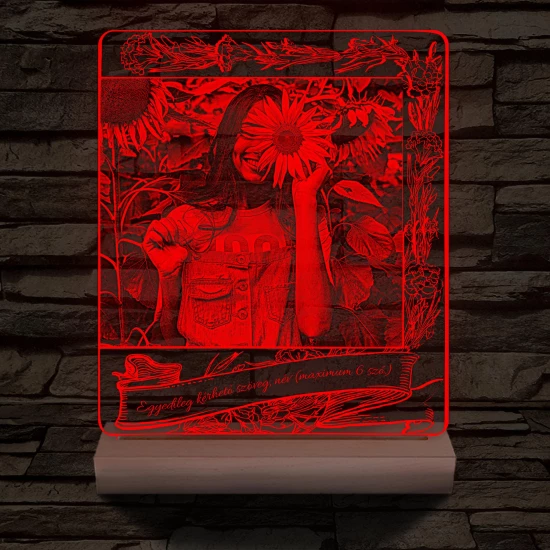 Egyedi fotógravírozás egyedi szöveggel, virágos kerettel fatalppal 7 színű 3D led lámpa