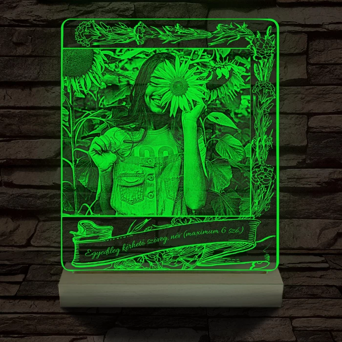 Egyedi fotógravírozás egyedi szöveggel, virágos kerettel fatalppal 7 színű 3D led lámpa