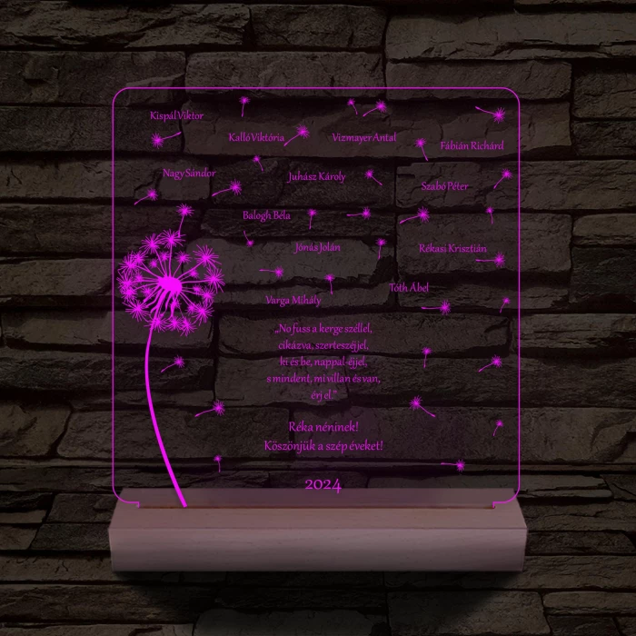 Pitypangos osztálytábla személyre szabott fa talppal 7 színű 3D led lámpa