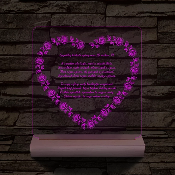 Szív alakú rózsás egyedi idézet fa talp 7 színű 3D led lámpa