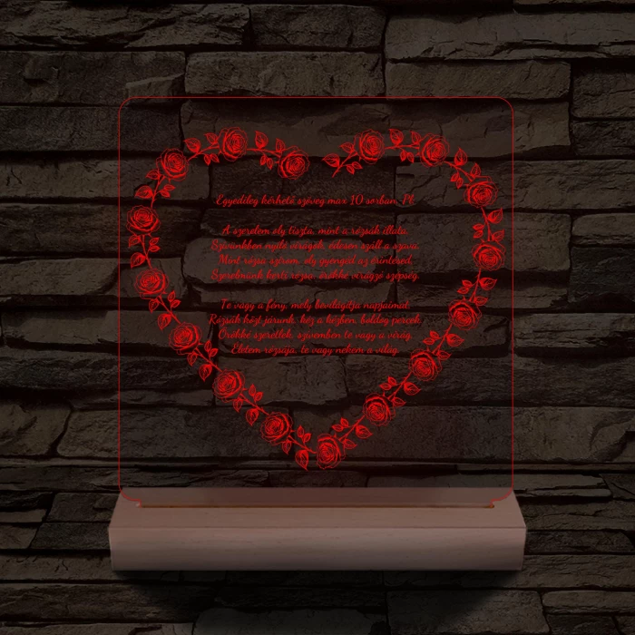 Szív alakú rózsás egyedi idézet fa talp 7 színű 3D led lámpa