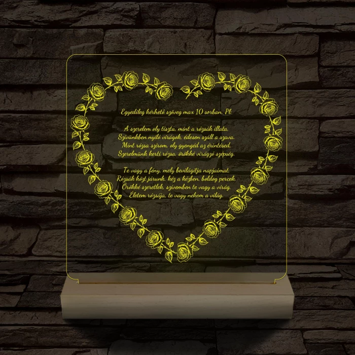 Szív alakú rózsás egyedi idézet fa talp 7 színű 3D led lámpa