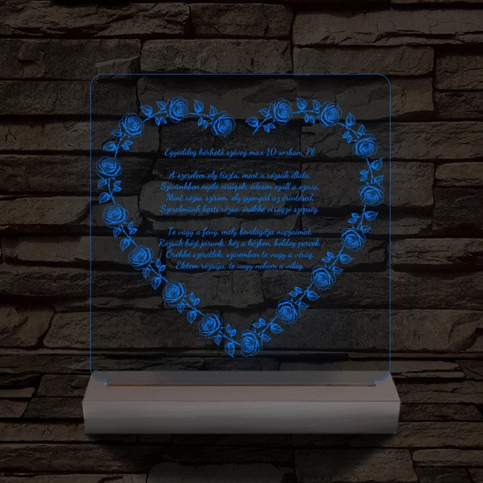 Szív alakú rózsás egyedi idézet fa talp 7 színű 3D led lámpa