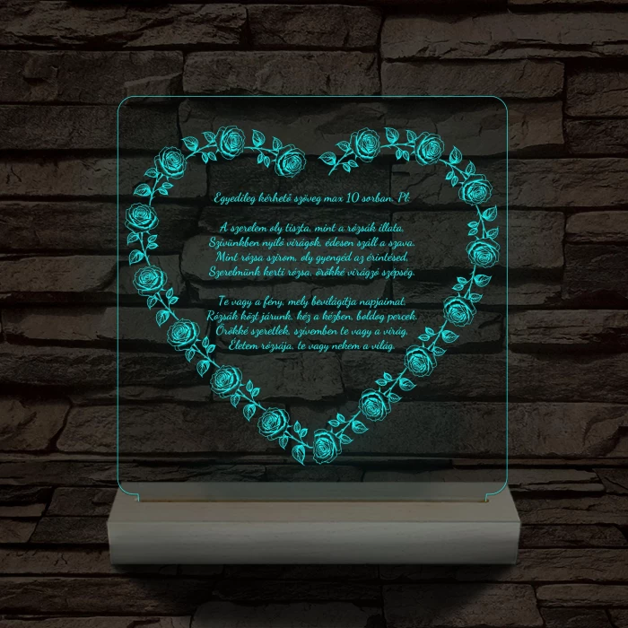 Szív alakú rózsás egyedi idézet fa talp 7 színű 3D led lámpa