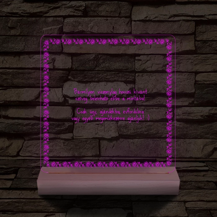 Rózsakeretes szövegbeírós grafika fa talppal 7 színű 3D led lámpa