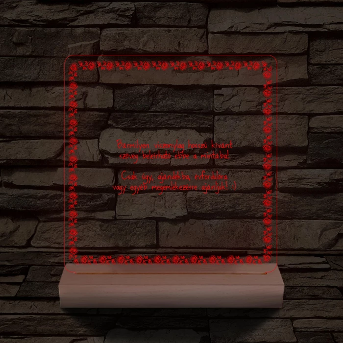 Rózsakeretes szövegbeírós grafika fa talppal 7 színű 3D led lámpa