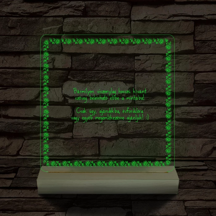 Rózsakeretes szövegbeírós grafika fa talppal 7 színű 3D led lámpa