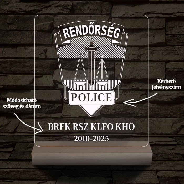 Rendőrségi emléklámpa  3D LED 7 Színűben világító Fatalppal