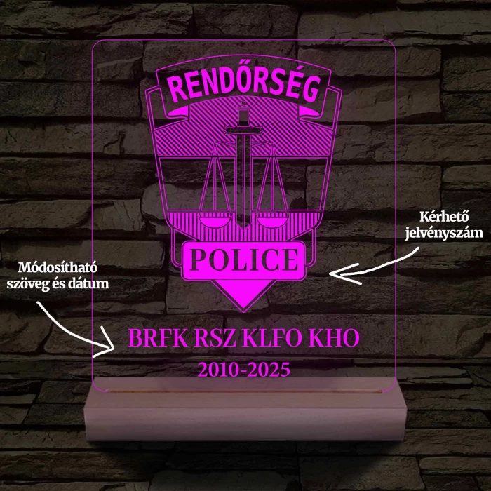 Rendőrségi emléklámpa  3D LED 7 Színűben világító Fatalppal