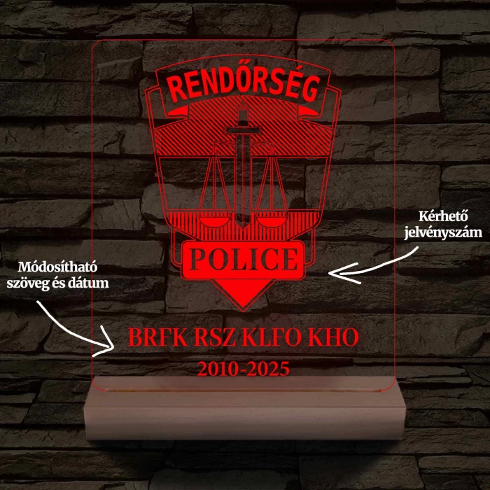 Rendőrségi emléklámpa  3D LED 7 Színűben világító Fatalppal