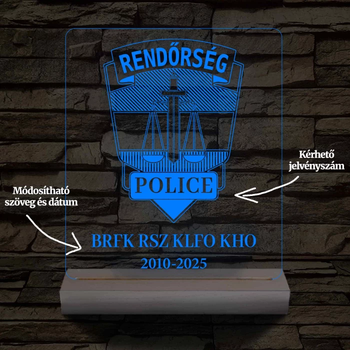 Rendőrségi emléklámpa  3D LED 7 Színűben világító Fatalppal