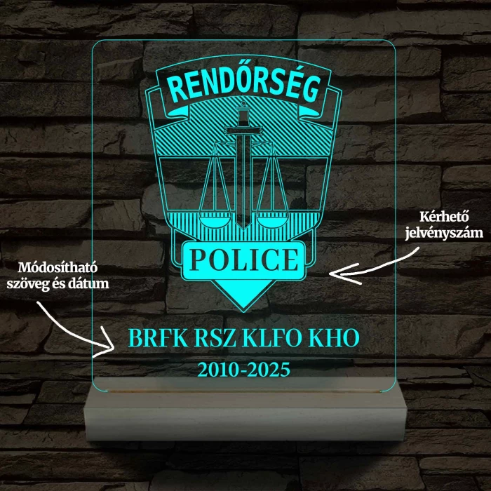 Rendőrségi emléklámpa  3D LED 7 Színűben világító Fatalppal