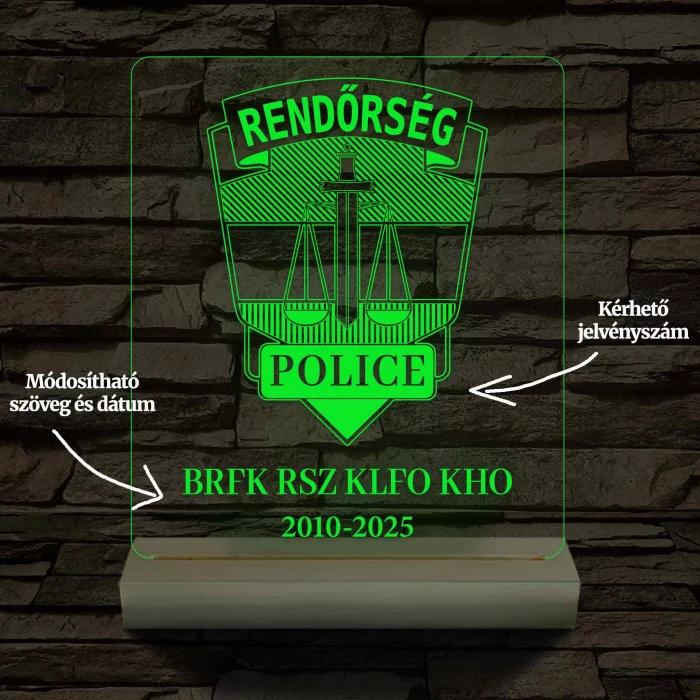 Rendőrségi emléklámpa  3D LED 7 Színűben világító Fatalppal