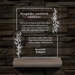 Nyugdíjazási Emléklámpa Személyre Szabott Szöveggel 3D LED 7 Színű Fa Talppal 