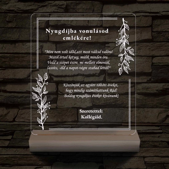 Nyugdíjazási Emléklámpa Személyre Szabott Szöveggel 3D LED 7 Színű Fa Talppal 