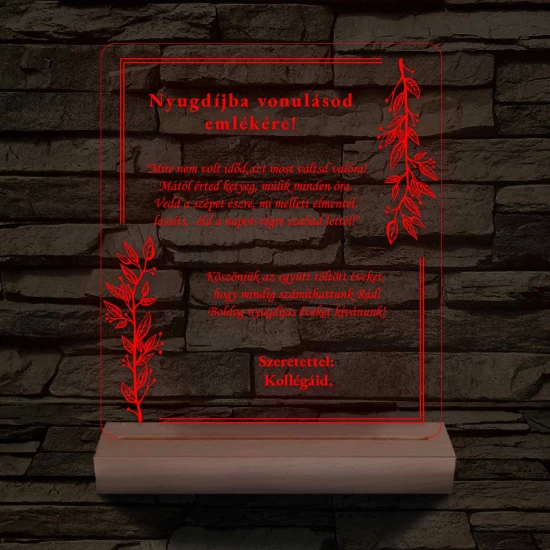 Nyugdíjazási Emléklámpa Személyre Szabott Szöveggel 3D LED 7 Színű Fa Talppal 