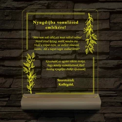 Nyugdíjazási Emléklámpa Személyre Szabott Szöveggel 3D LED 7 Színű Fa Talppal 